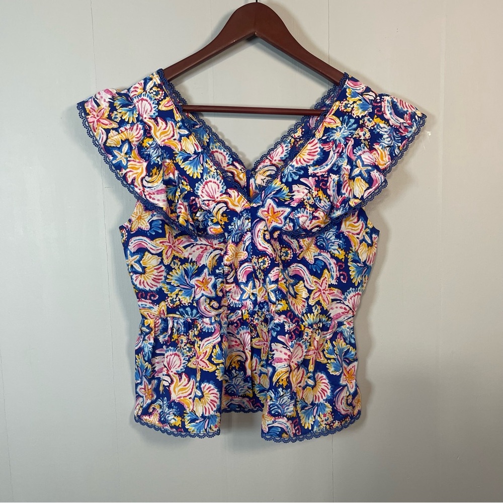 Nanette Lepore Floral Lace Trim Ruffle Sleeve Top Womens S Beach Coastal Boho
